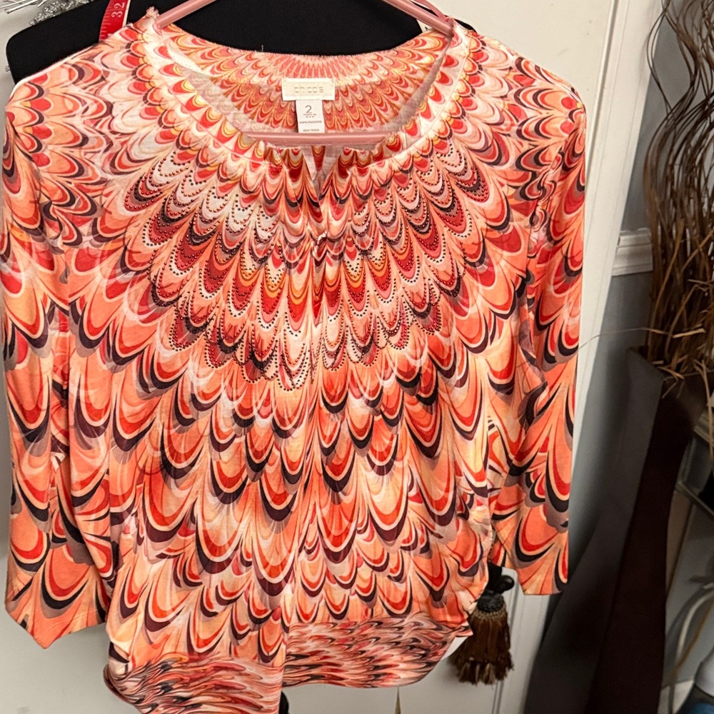 Chico's Coral & Pink Swirl Long Sleeve Tee